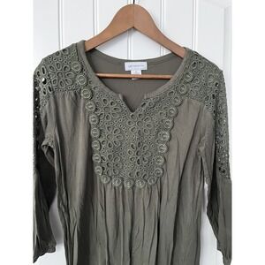 Olive Green Boho Blouse Crochet Small Rayon Stretch Liz Claiborne 113